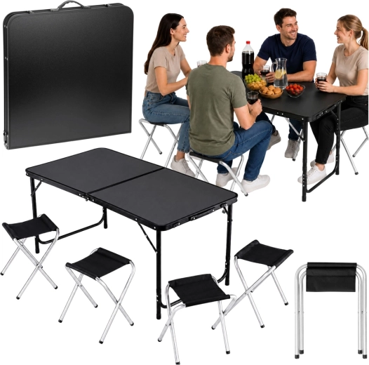 Sklopivi kamping set: stol i 4 stolice u koferu, crni