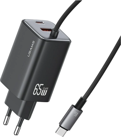 USAMS JC serija GaN mrežni punjač 65 W s integriranim USB‑C kabelom (2× USB‑C, 1× USB‑A), crni