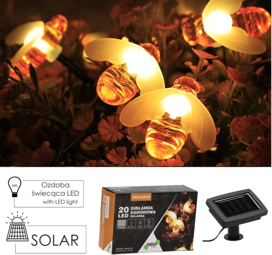 Solarna vrtna svjetleća girlanda pčelice 20 LED topla bijela, 5,8 m
