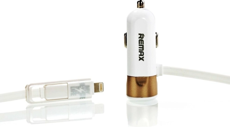 Remax auto-adapter za upaljač 3,4 A sa zlatnim Lightning i micro‑USB kabelom