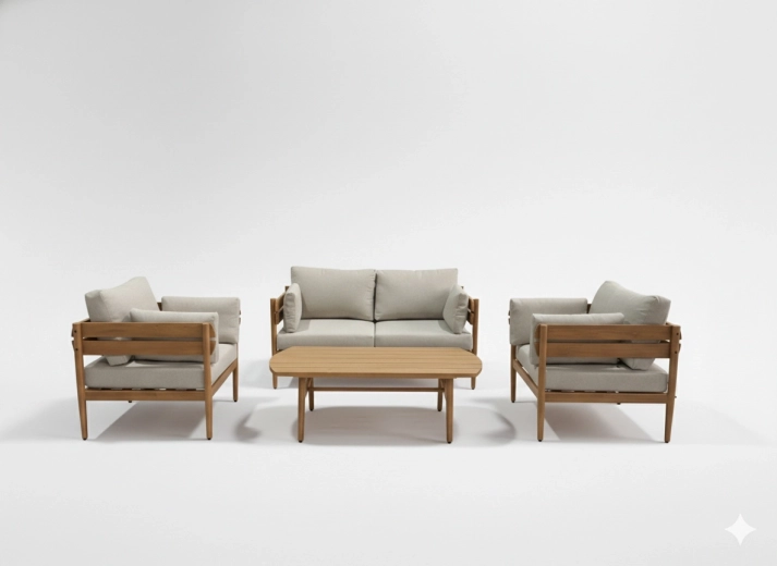 Aluminijski vrtni sjedeći set Podgorica, 4 dijela (sofa, 2 fotelje, klubski stolić) – smeđa konstrukcija, bež jastuci