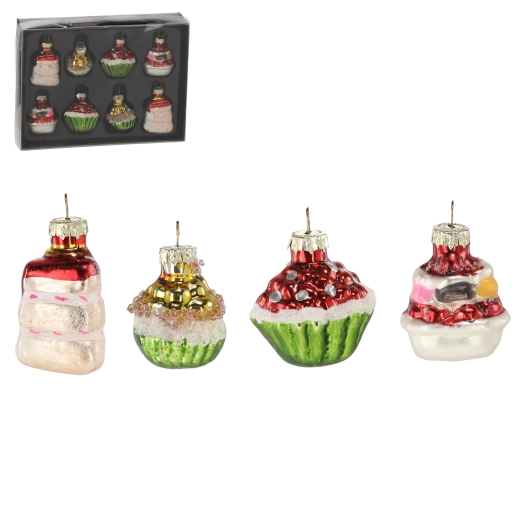 Set staklenih božićnih ukrasa u obliku muffina, 8 kom