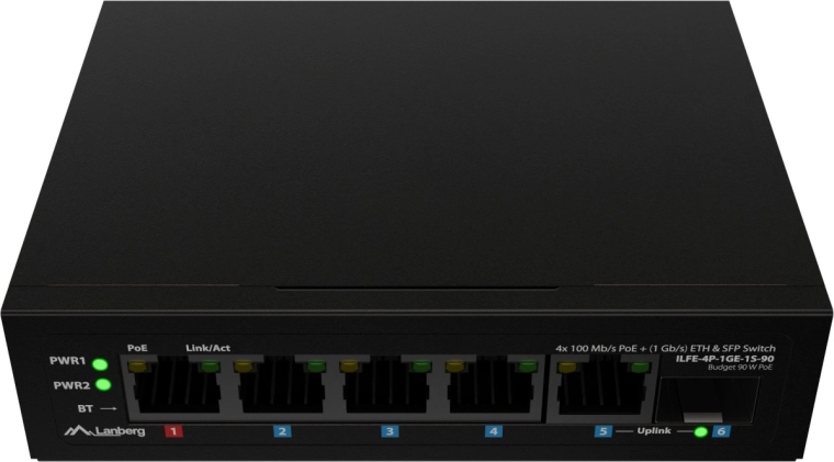 Lanberg lagani industrijski PoE switch za DIN šinu 4× Fast Ethernet + 1× Gigabit uplink + 1× SFP (PoE++ 90 W)