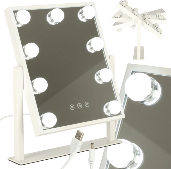 Kozmetičko ogledalo za šminkanje s LED pozadinskim osvjetljenjem, 9 žarulja, USB, 25 × 30 cm