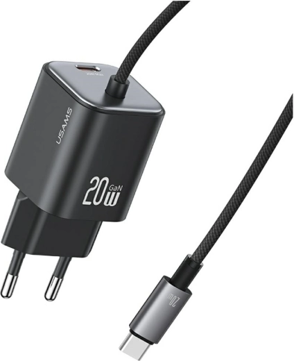 USAMS JC serija GaN mini mrežni punjač 20 W s ugrađenim USB‑C kabelom (2× USB‑C), crni