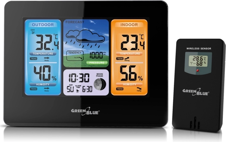 Color Wi‑Fi meteorološka stanica GREENBLUE s Mjesečevim mijenama i DCF‑om