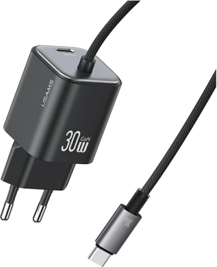 Usams JC Series CC264 30 W GaN mrežni punjač s ugrađenim USB‑C kabelom (crni)