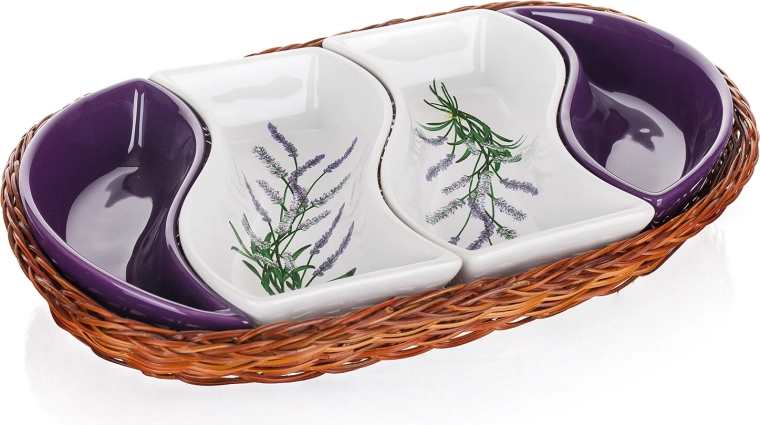 Set zdjela LAVENDER u pletenoj košari, keramika, 4 dijela