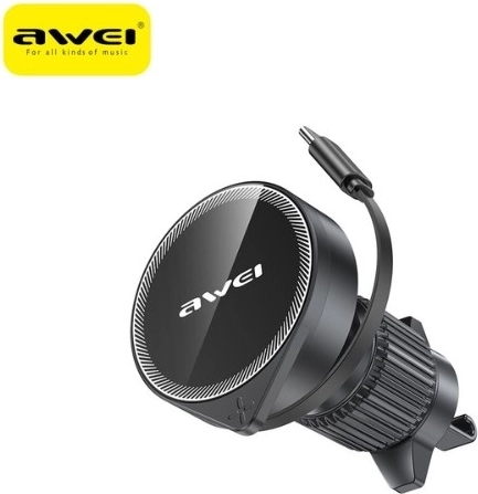Awei MagSafe magnetski držač za auto za ventilacijski otvor s izvlačivim kabelom (crni)