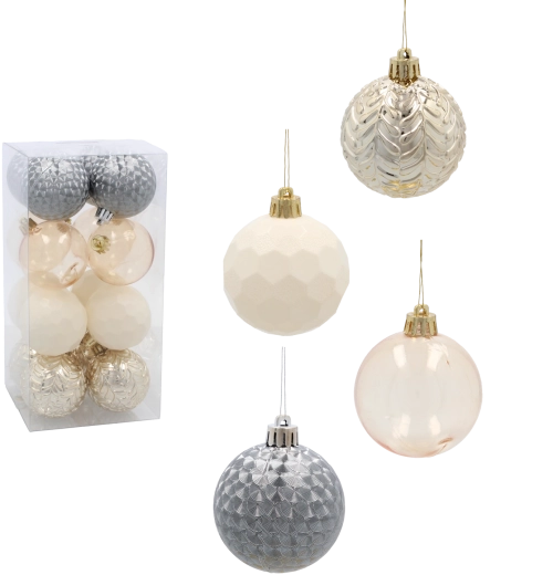 Set božićnih kuglica 6 cm – 16 kom, šampanjac, siva i bijela, CHOMIK