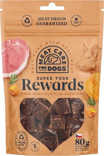 Meat Care Rewards Dog poslastice – svinjetina s bundevom i ružmarinom 80 g