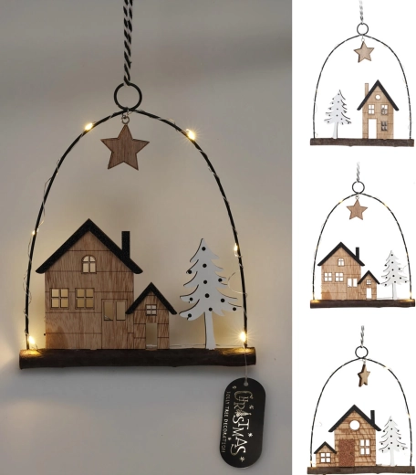 Viseća božićna dekoracija kućica s LED, metal i drvo, 20,5 cm