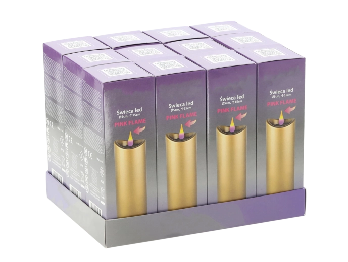 LED svijeća 5 × 15 cm zlatna s ružičastim plamenom, baterije u pakiranju