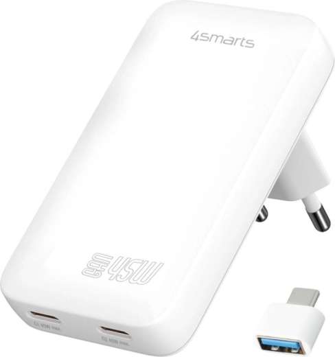 Mrežni punjač 4smarts FlatPlug Dual 45 W GaN, 2× USB‑C, bijela