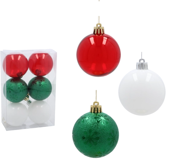 Set božićnih kuglica 6 cm – crvena, zelena i bijela (6 kom)