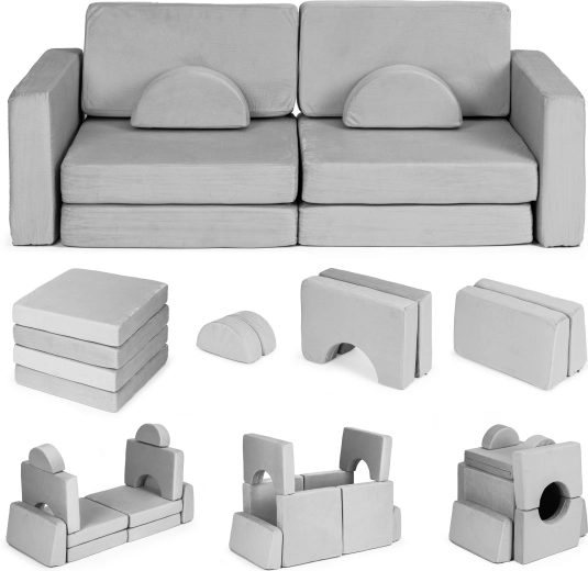 Sklopiva modularna dječja sofa za 2 djece, 10 jastuka ECOTOYS – siva
