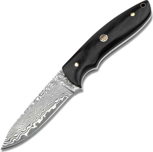 Magnum Vernery Damast – čvrst damascenski nož s ebenovom drškom i kožnim futrolom 9,1 cm