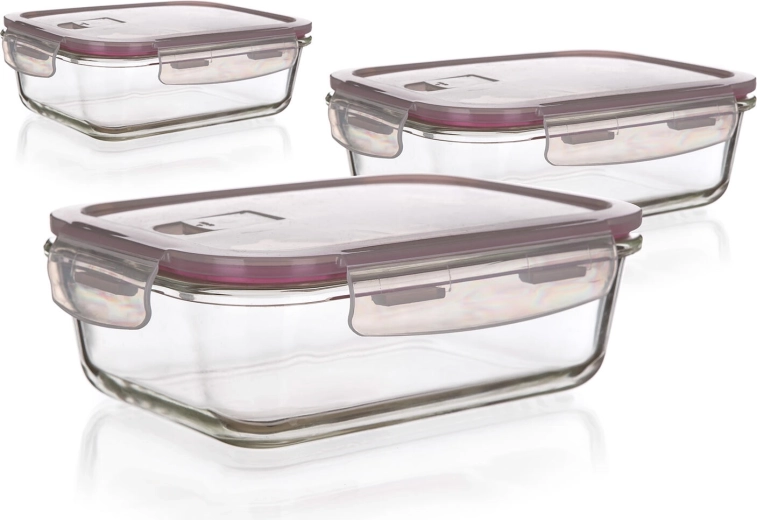 Set staklenih pravokutnih posuda Lora s poklopcima, 3 kom (0,55 l, 0,95 l, 1,45 l)