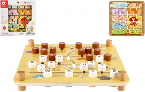 Drveni edukativni labirint 2 u 1 CLASSIC WORLD – farma i abeceda, 30 × 30 cm