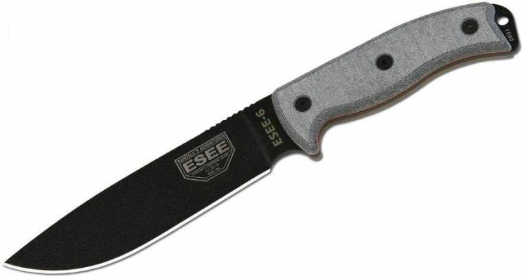 Univerzalni nož ESEE 6P s glatkim oštricom, crna/siva, Micarta, futrola