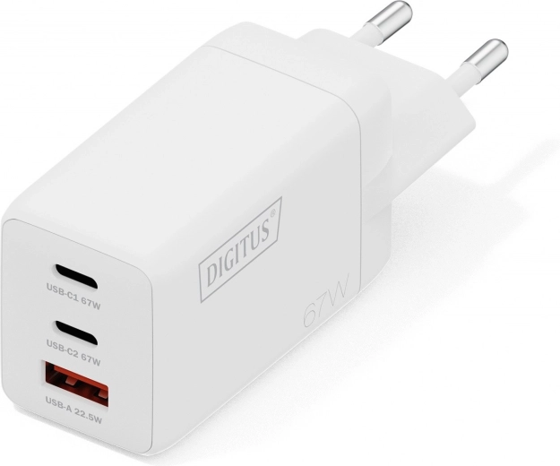 Mrežni USB GaN punjač 67 W, 2× USB‑C i 1× USB‑A, bijela
