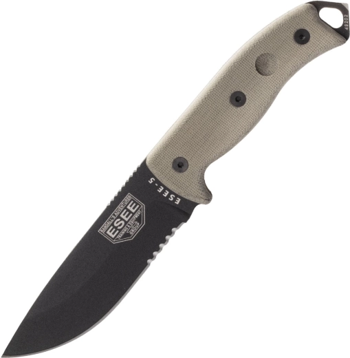 ESEE 5 nazubljeno oštrenje, crna oštrica, micarta ručka, Kydex futrola