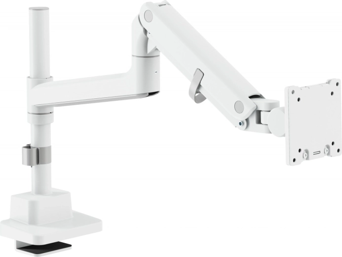 Bijelo plinsko monitor ramię s kliještom za stolnu ploču, 57" / 27 kg, VESA 75x75 i 100x100