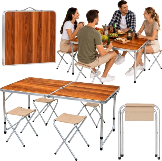 Sklopivi kamping set: stol i 4 stolice u koferu, dekor drva