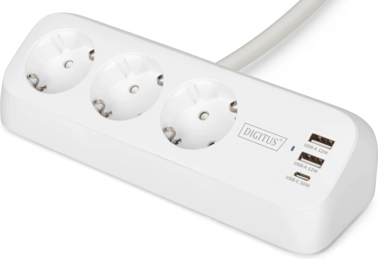Stolna produžna prenaponska letvica sa stegom, 3 schuko utičnice, 2× usb‑a 12 w, 1× usb‑c 30 w, kabel 1,5 m, bijela