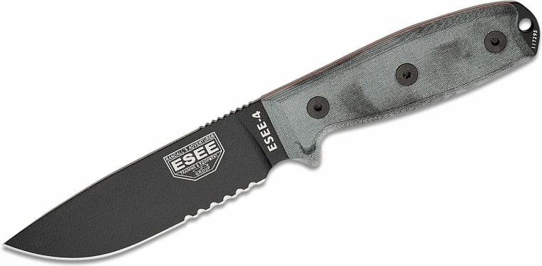 ESEE nož 4S s djelomičnim nazubljenjem, 11,4 cm, crna/siva, Micarta, MOLLE futrola