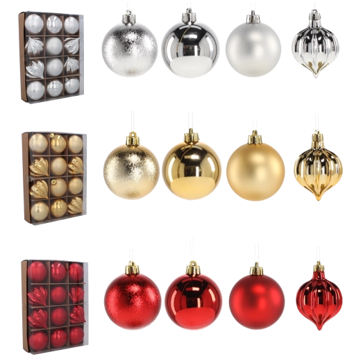 Set božićnih ukrasa 6 cm – crveni, zlatni i srebrni, 12 kom, nelomljivi