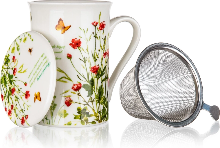 Keramička šalica s poklopcem i inox sitom 300 ml Meadow Flowers