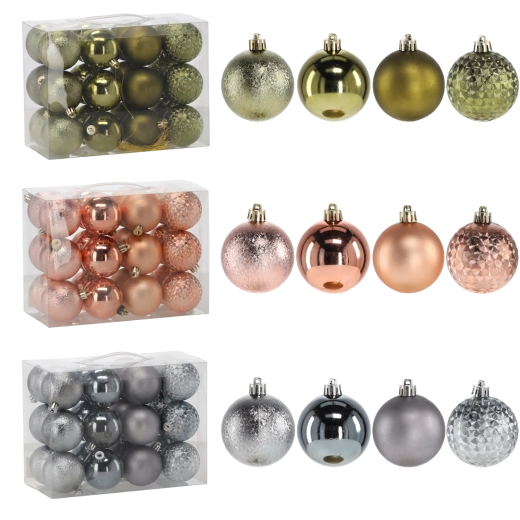 Set božićnih kuglica 6 cm, 24 kom – maslinasta, bakrena i grafitna, nerazbitni plastični ukrasi