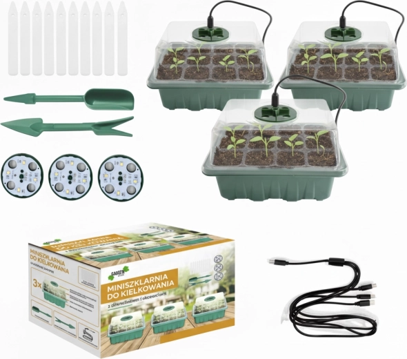 Set od 3 mini staklenika za klijanje s LED osvjetljenjem, 12 ćelija