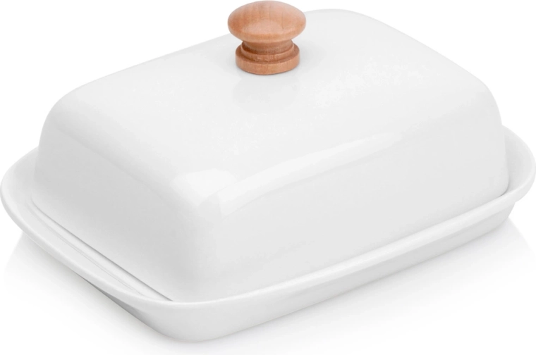 Keramička bijela posudica za maslac s drvenom ručkom