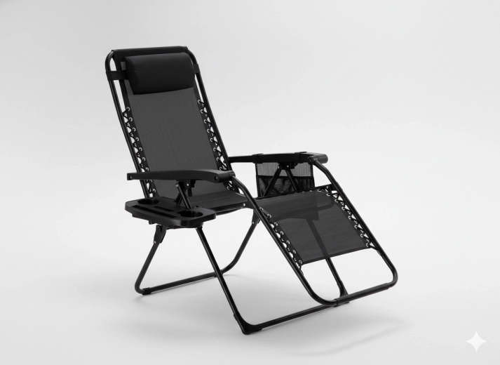 Vrtna podesiva ležaljka Zero Gravity, sklopiva, s podloškom za piće i džepom, crna 65 × 176 × 110 cm