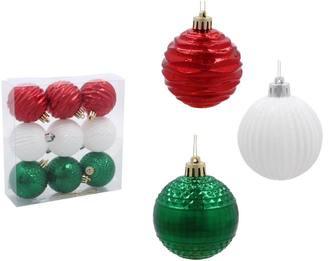 Set božićnih kuglica 6 cm – crvena, zelena i bijela (9 kom)