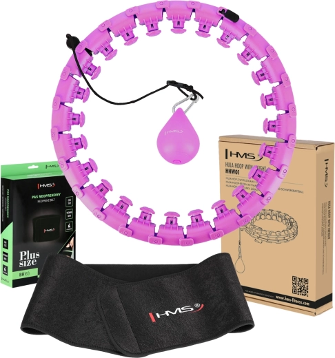 Masažni pametni hula hoop obruč sa utegom HMS HHW12 Plus Size + neopren pojas za oblikovanje BR163, ljubičasta