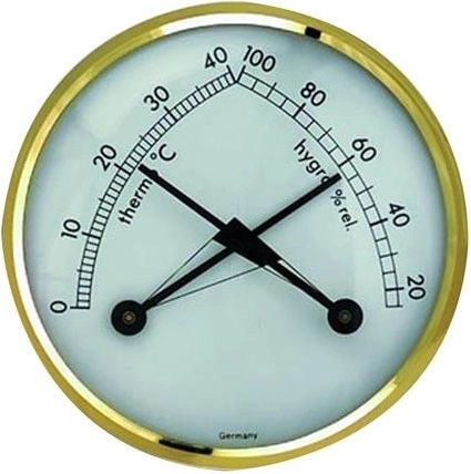 Metalni termometar i higrometar s mesinganim prstenom, promjer 7 cm, za zidnu montažu