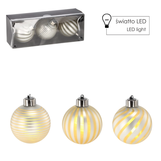 Set staklenih srebrnih božićnih ukrasa s LED, 8 cm, 3 kom