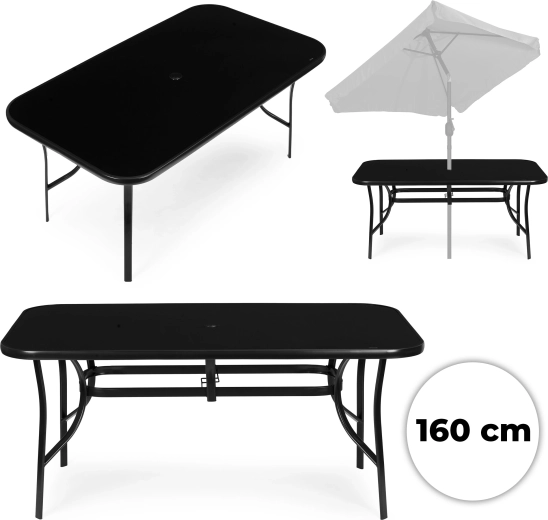 Vrtni stol 160 × 90 cm od kaljenog stakla s otvorom za suncobran, crni, MultiGarden