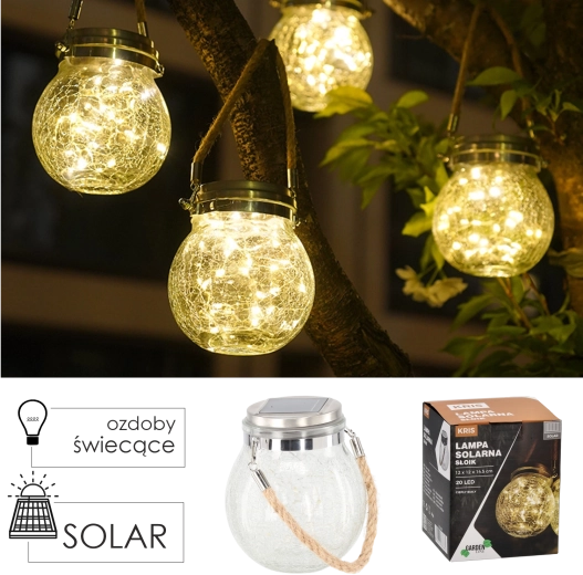Solarna viseća lanterna u obliku staklene teglice od napuklog stakla 12 × 12 × 14,5 cm, toplo bijela