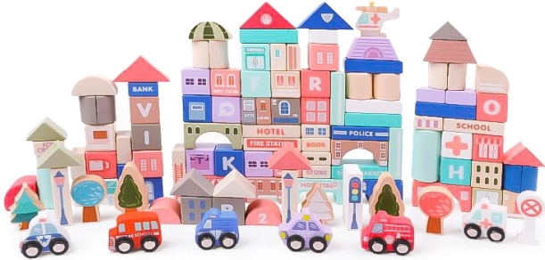 Drvene edukativne kocke grad s podlogom 115 kom ECOTOYS