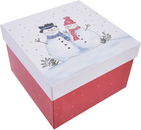 Poklon papirnata kutija sa snjegovićima crvena 15,5 × 15,5 × 10 cm