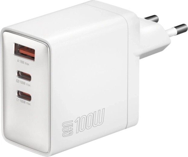 Mrežni punjač Pocket 100W GaN, 2× USB‑C + USB‑A, bijela