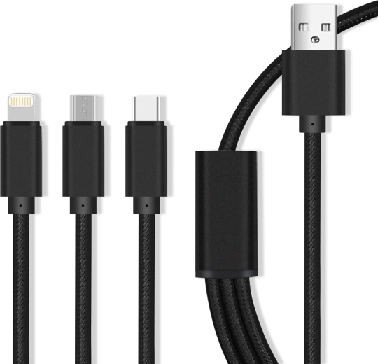 Maxlife najlonski kabel za punjenje 3-u-1 Micro USB / USB-C / Lightning 2,1 A, crni