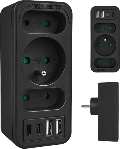 Razdjelnik za utičnicu s 3 izlaza i USB-A/USB-C, crni