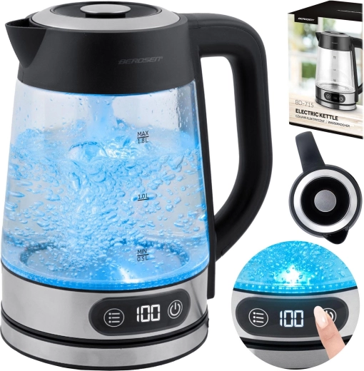 Stakleni električni čajnik s regulacijom temperature 1,8 l 2200 W BERDSEN