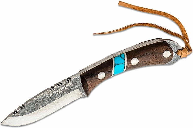 Viseći nož za vrat CONDOR Blue River 5,9 cm, orahovo drvo, tirkiz, kožna futrola