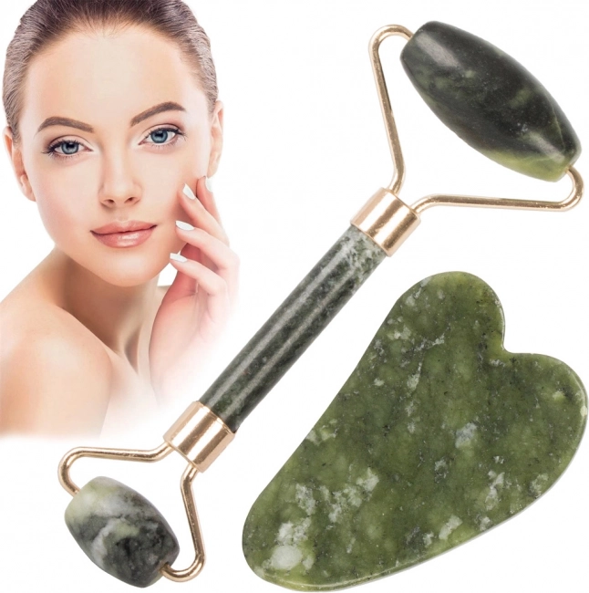 Nefritni masažni valjak i gua sha set za lice